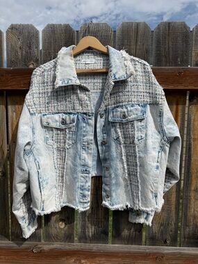 Dance & Marvel Light Blue Acid-Wash Denim Jacket with Tweed Panels